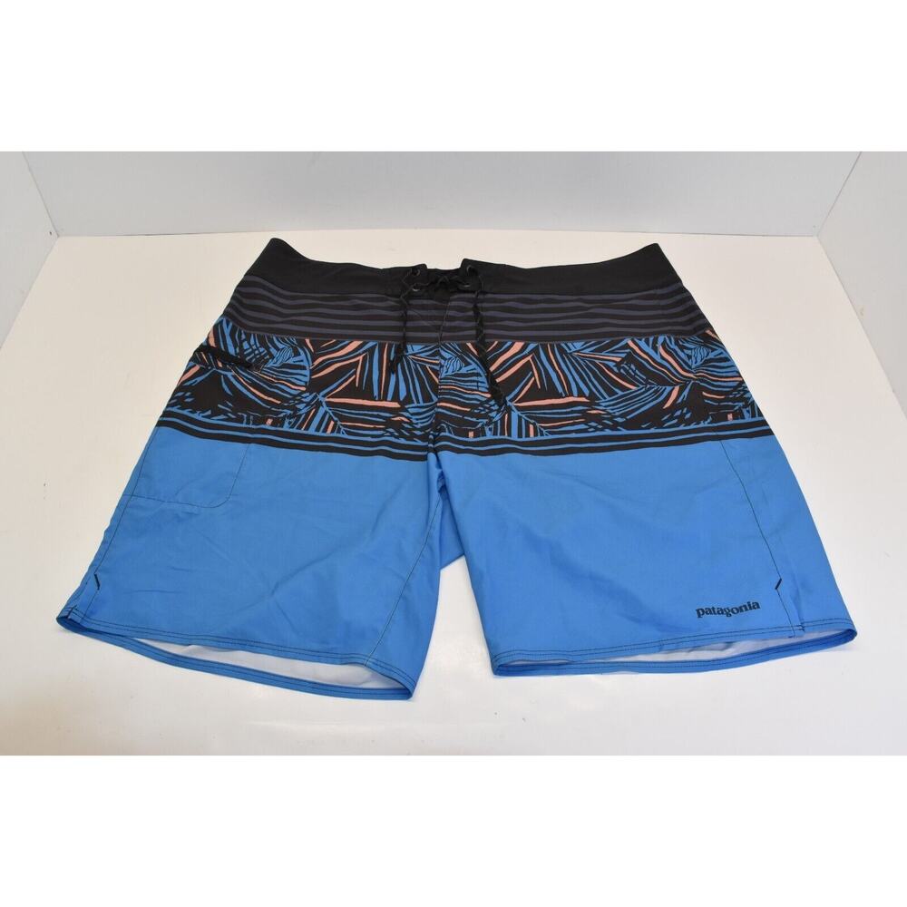 PATAGONIA Board Short Adult Size 38 Blue Rain Fern Stripe Port Drawstring Mens